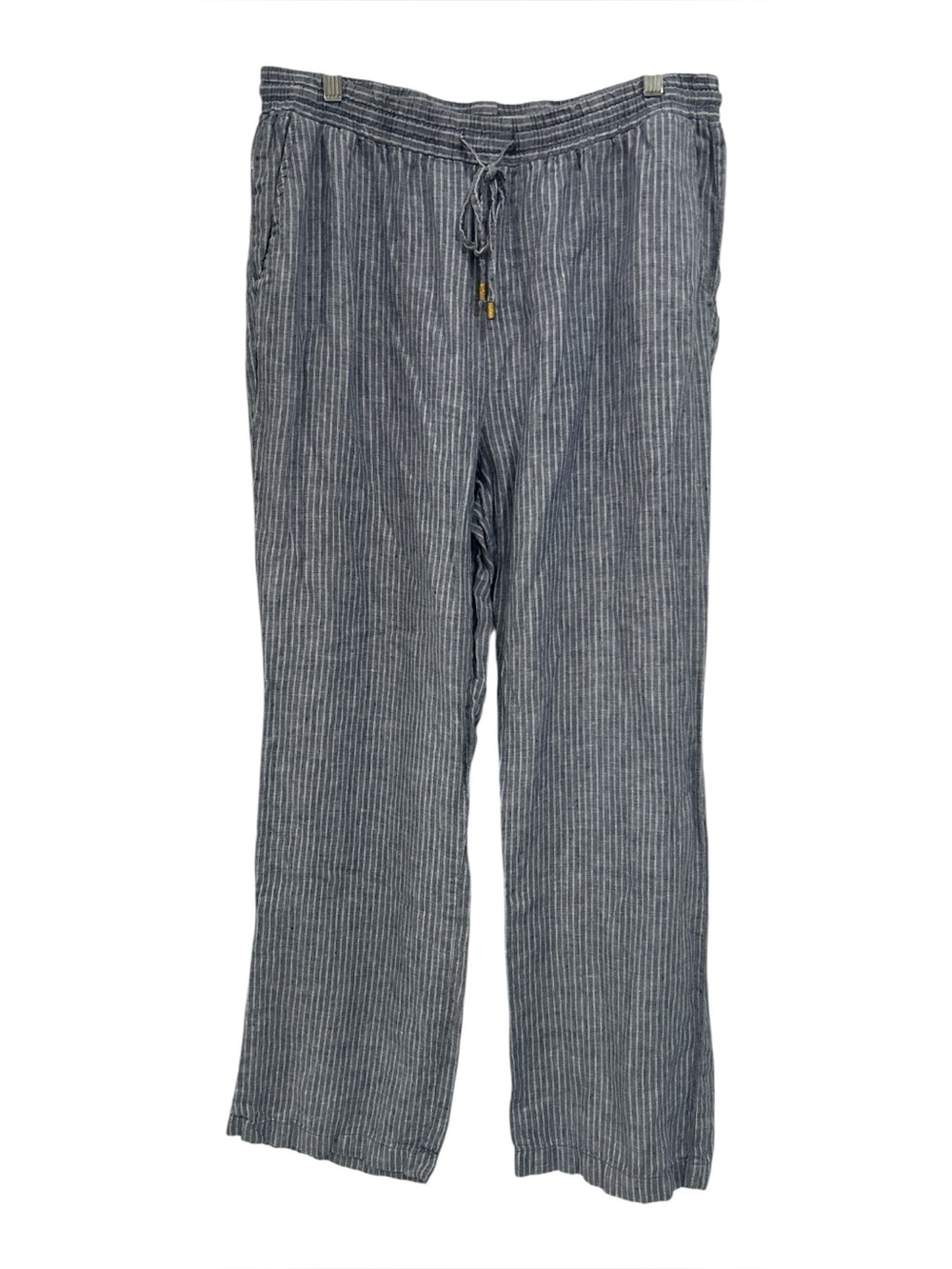 Ellen Tracy 100% Linen Blue and White Striped Pull On Wide Leg Pants - Large